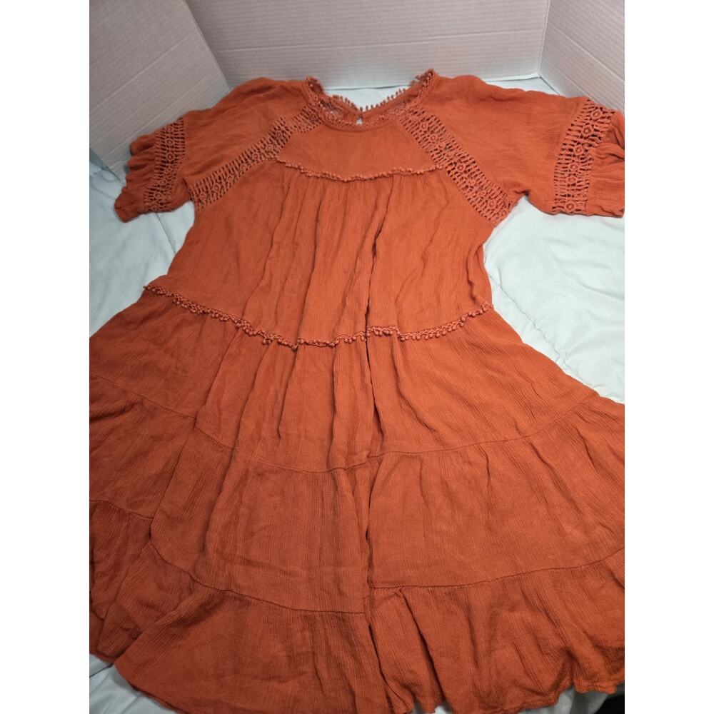 Boho Patrons of Peace S Coral Orange flowy Dress Hippie Loose Fit Indie Knitted